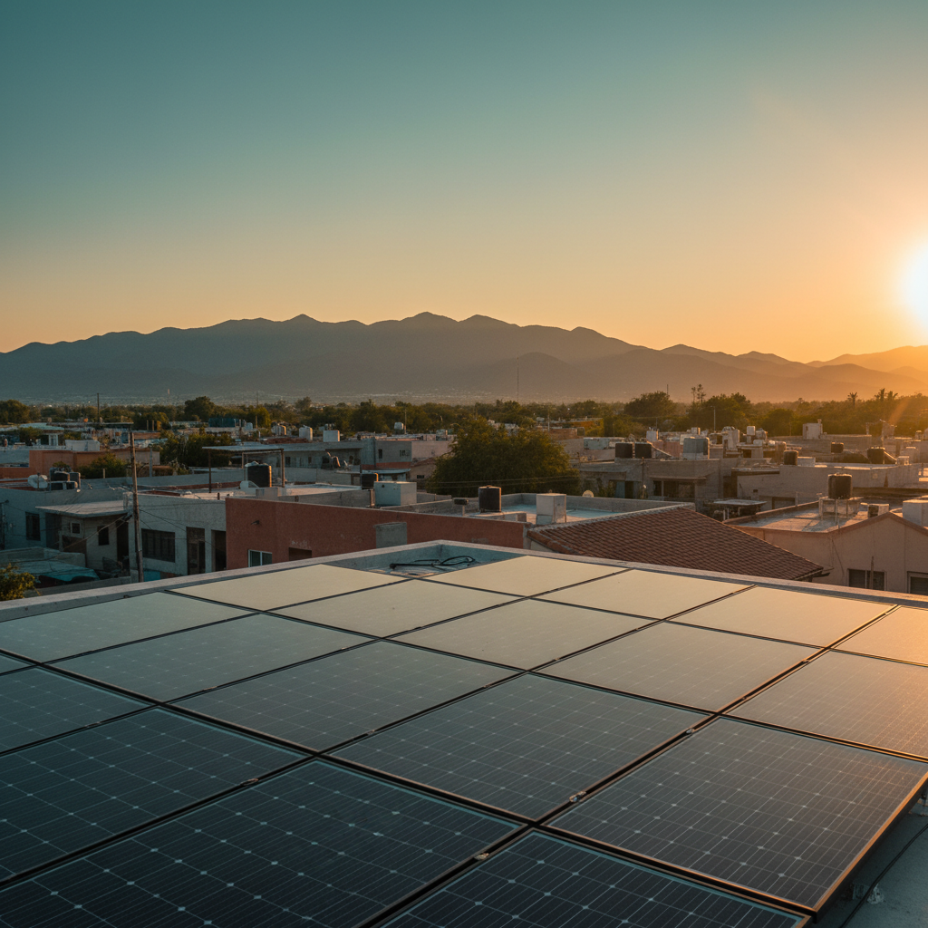 Paneles solares en una azotea de Ciudad Juárez al atardecer