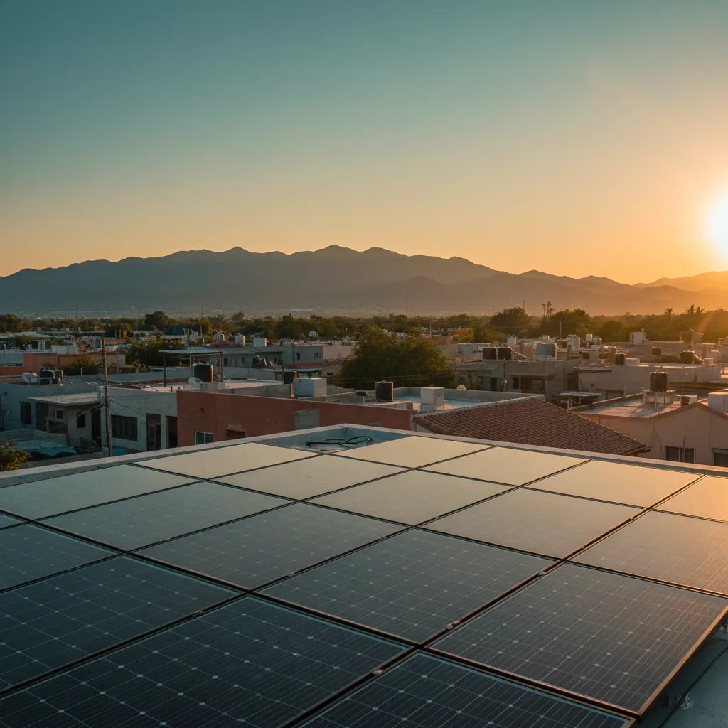 Paneles solares en una azotea de Ciudad Juárez al atardecer