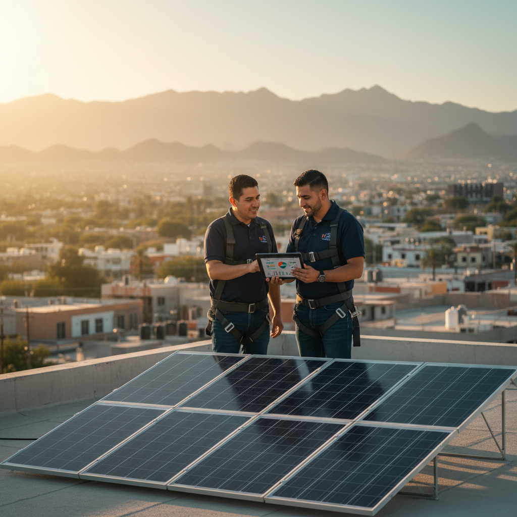 Cofundadores de SolFuturo en una instalación solar en Ciudad Juárez